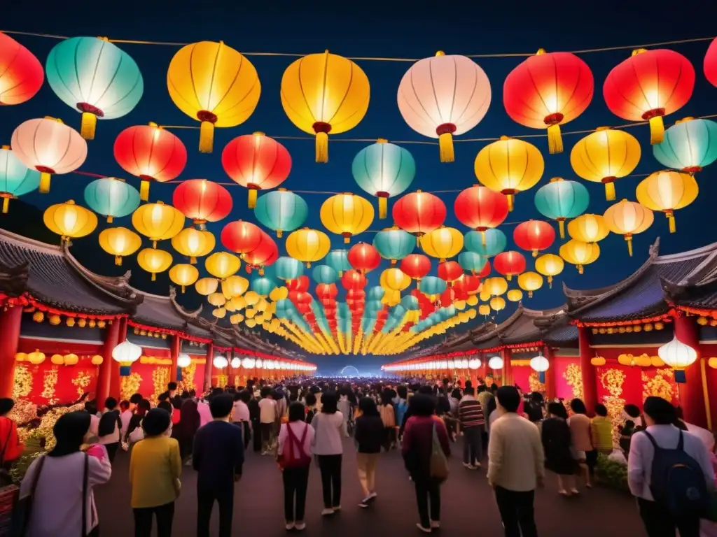 Festival de Faroles en Taiwán: imagen nocturna con vibrante escena de lanternas suspendidas en el aire, iluminando el cielo con colores y formas impresionantes