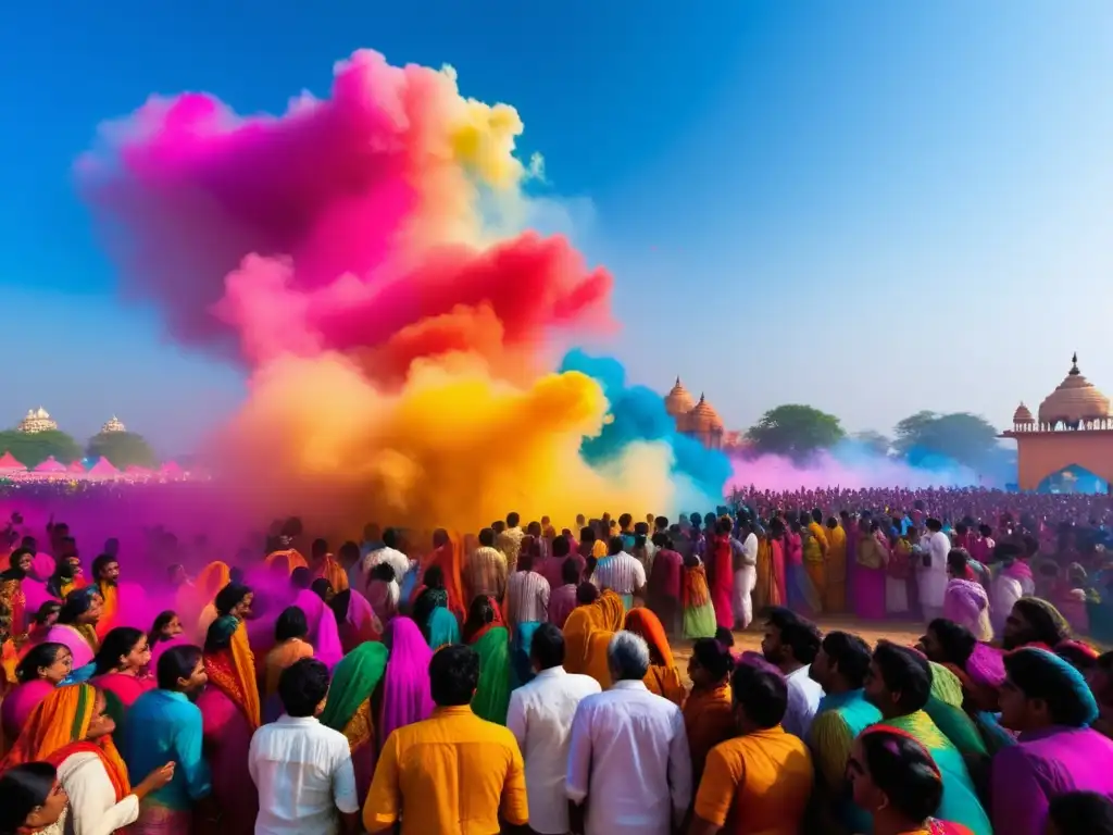 Celebración del Festival de los Colores en India: una multitud vibrante y etérea se reúne bajo un cielo azul, lanzando polvos de colores al aire