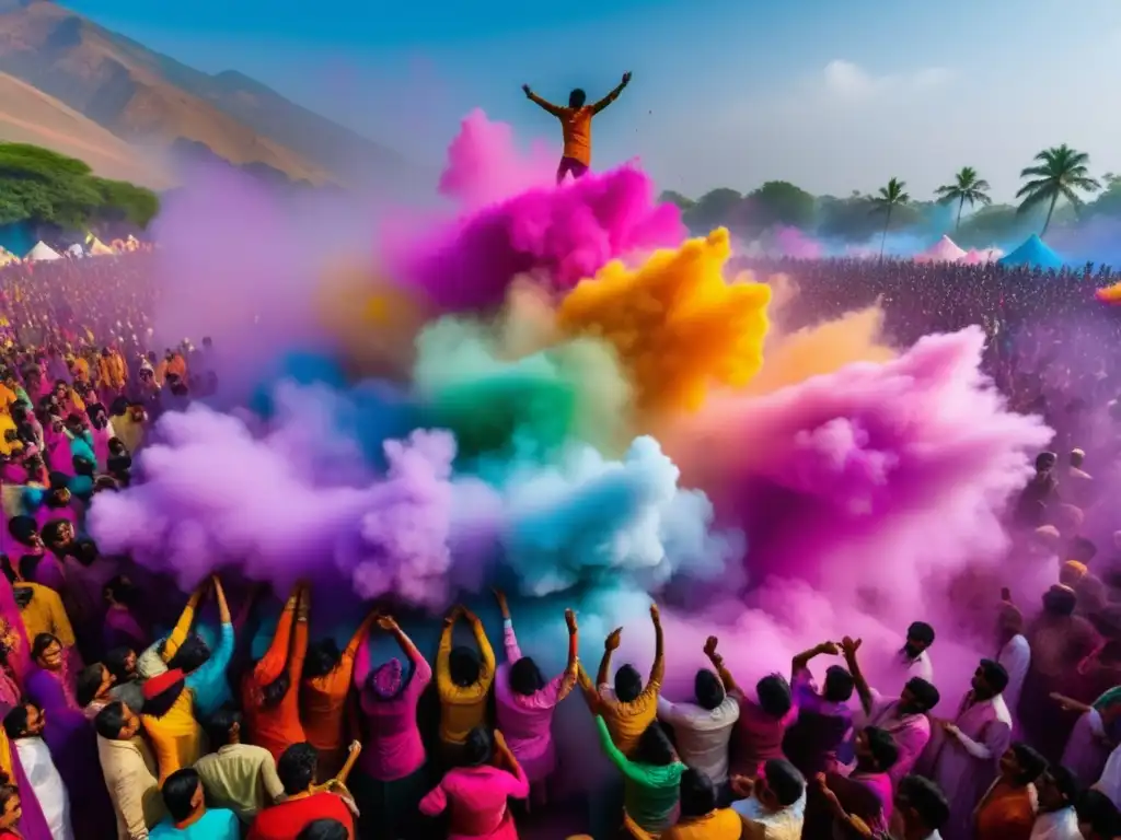 Festival de los Colores India: una imagen cautivadora de vibrantes colores y celebración alegre en un antiguo templo