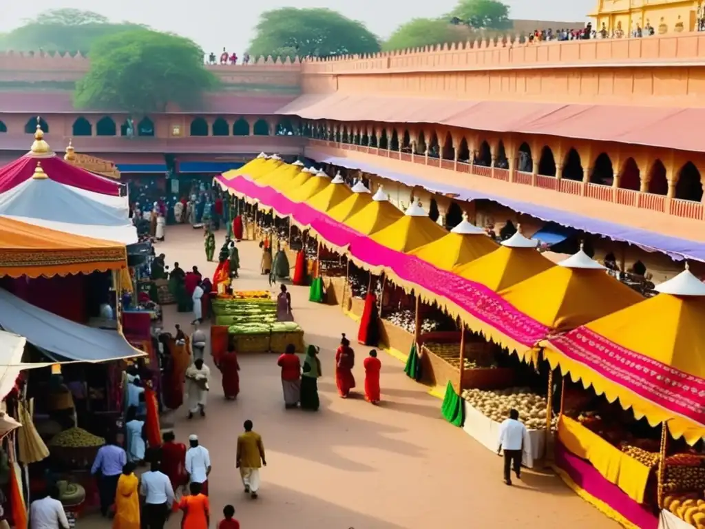 Festival de Elefantes en Jaipur, India: escena vibrante del mercado con artesanías, textil tradicional, elefantes decorados y delicias culinarias