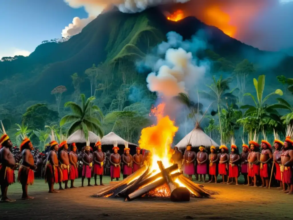 Escena mística del Festival de los Espíritus en Papúa Nueva Guinea, con indígenas alrededor de un fuego sagrado