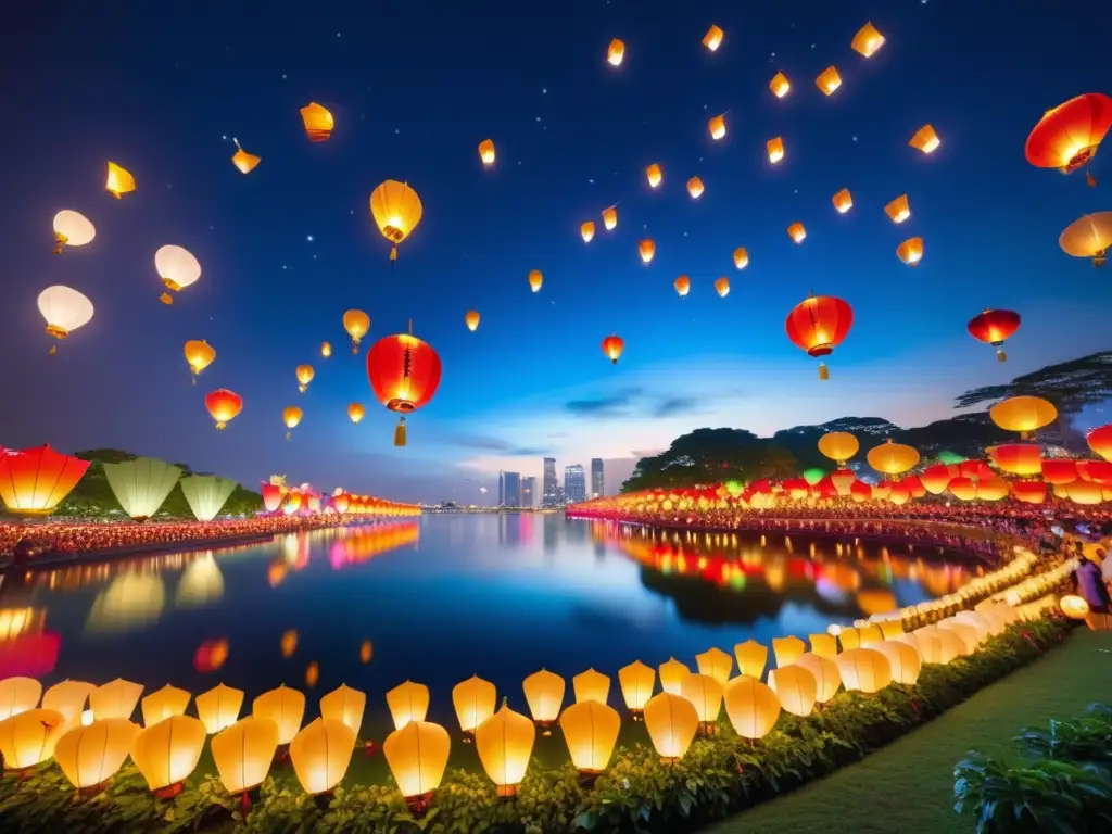 Festival de Faroles Singapur: Noche mágica con miles de coloridas linternas iluminando el cielo y el icónico horizonte de Singapur