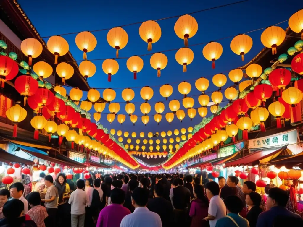 Festival de los Faroles en Taiwán, vibrante mercado nocturno con coloridas linternas, tradición y ambiente festivo