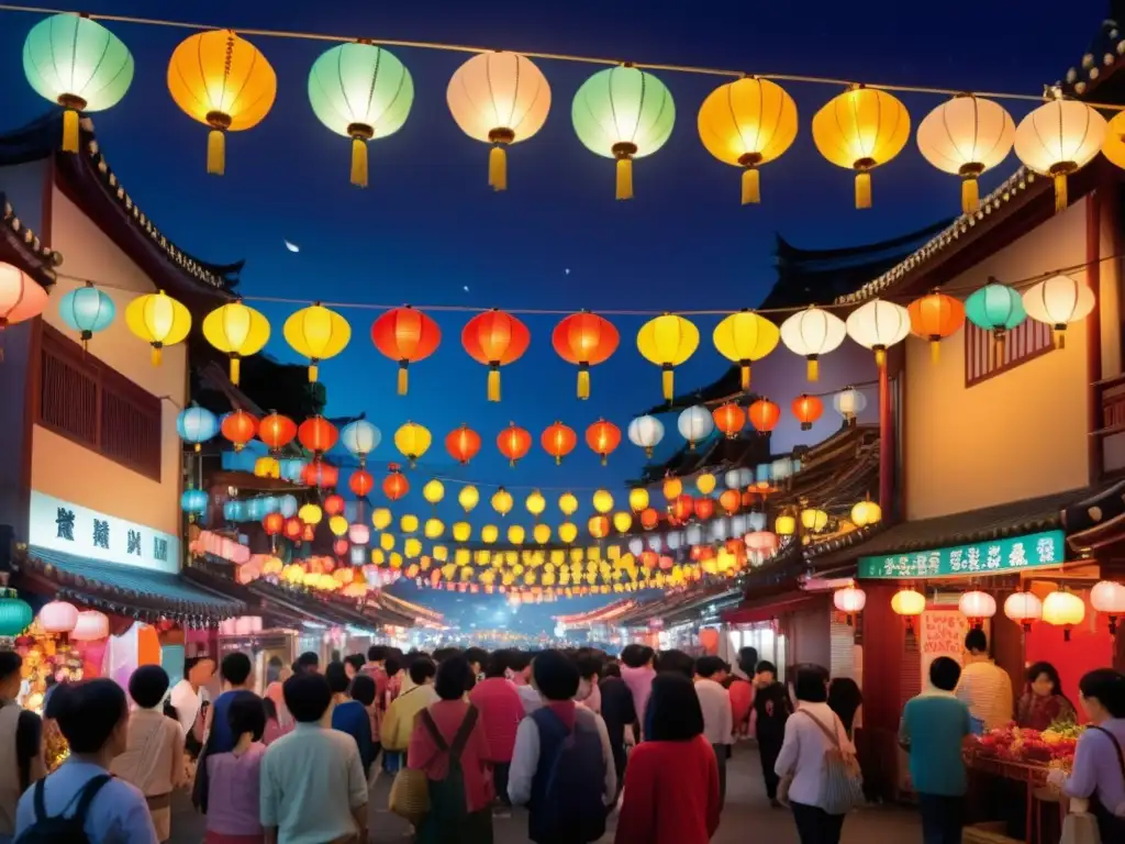 Escena nocturna vibrante en el Festival de los Faroles en Taiwán, con coloridos faroles iluminando la calle y creando una atmósfera mágica