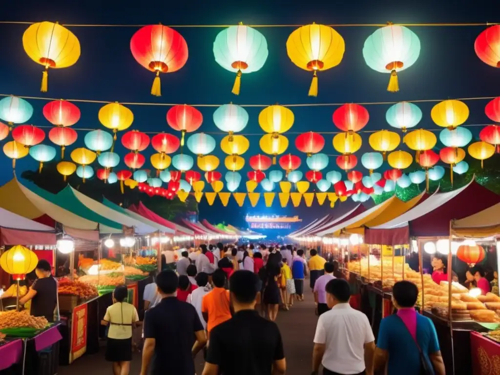 Festival Faroles Singapur: Mercado nocturno vibrante, deliciosas comidas, coloridos trajes tradicionales, multitud de luces de linterna