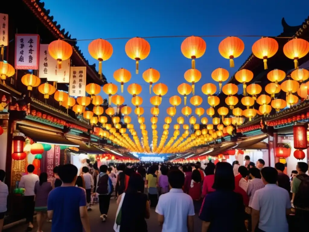 Festival de Faroles en Taiwán: Calle llena de gente explorando decoraciones, linternas colgando, ambiente mágico y colorido