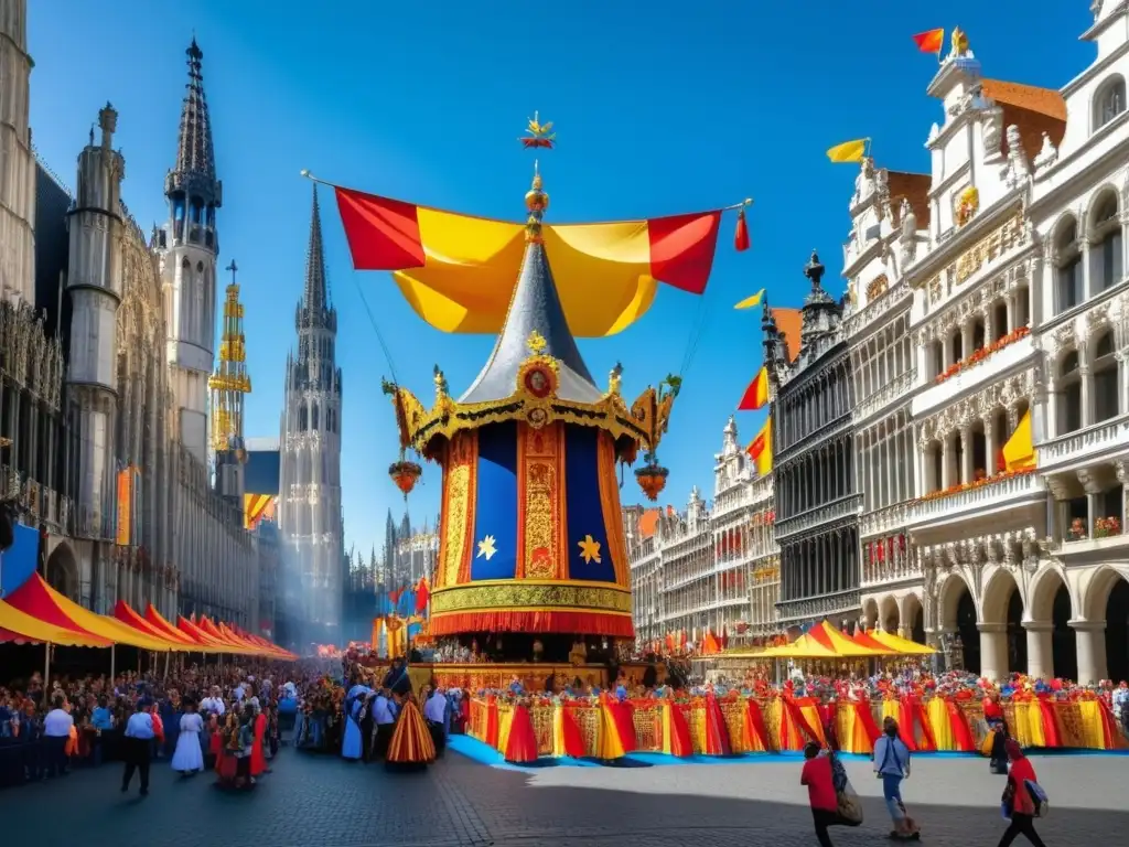 Festival Gigantes Bruselas: plaza vibrante, gigantes de papiermâché, alegría, admiración, tradición mágica