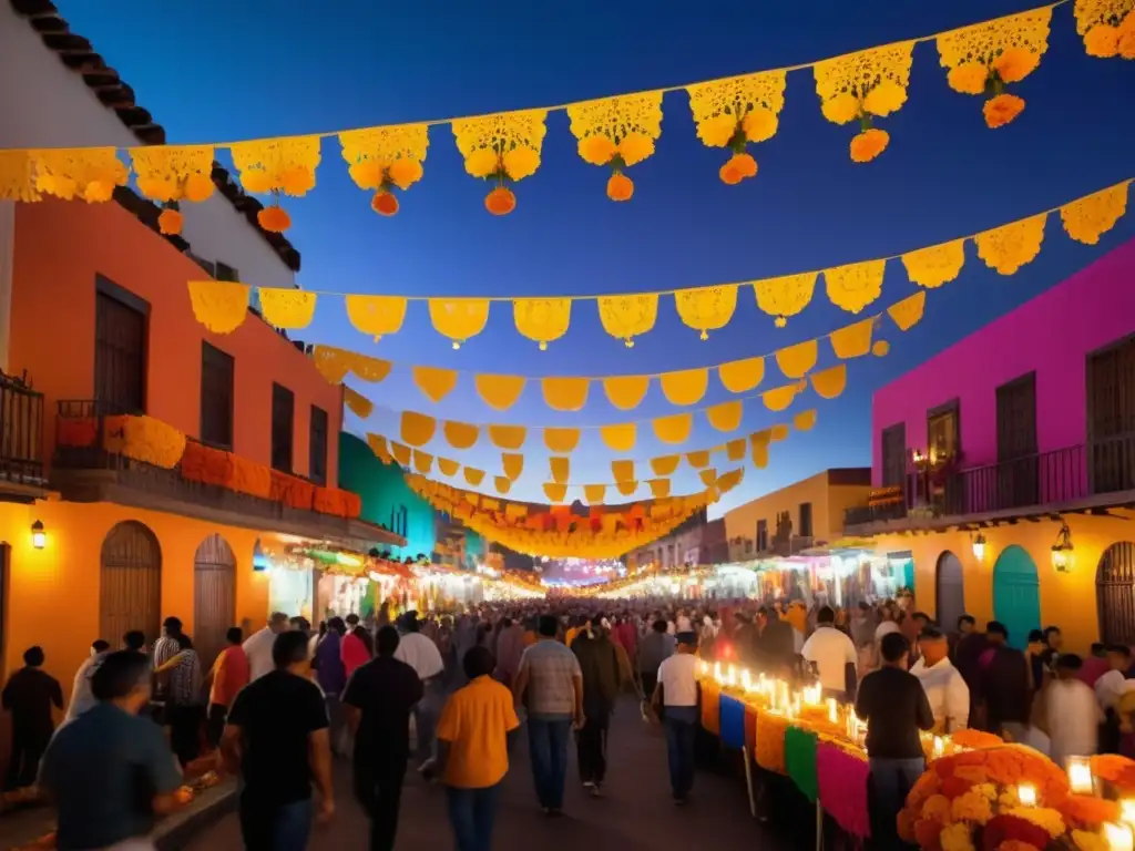 Calle mexicana vibrante en Festival de los Muertos con banderas de papel picado, altares adornados y Catrinas celebrando la vida y la muerte