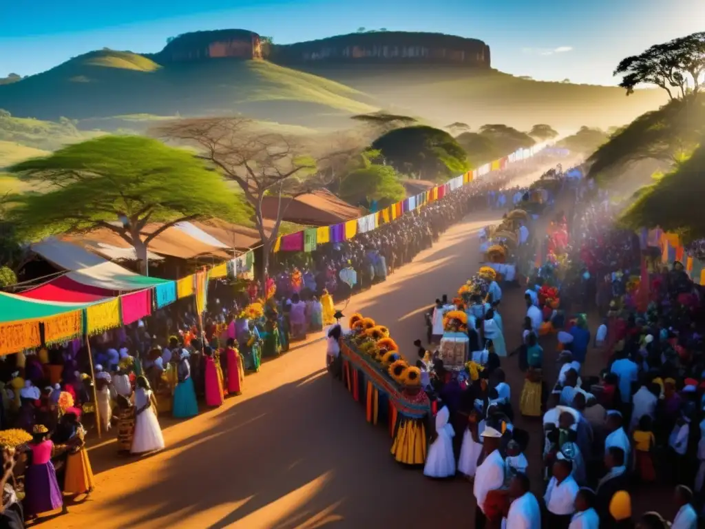 Festival de los Muertos en Madagascar: escena vibrante con baobabs, danzas tradicionales, máscaras y altares ancestrales