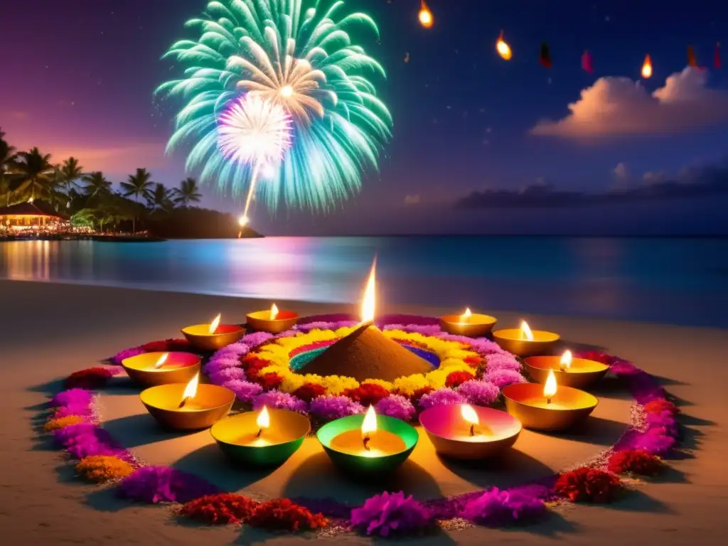 Celebración Diwali en Fiji, escena nocturna con luces, diyas, Rangoli, fuegos artificiales