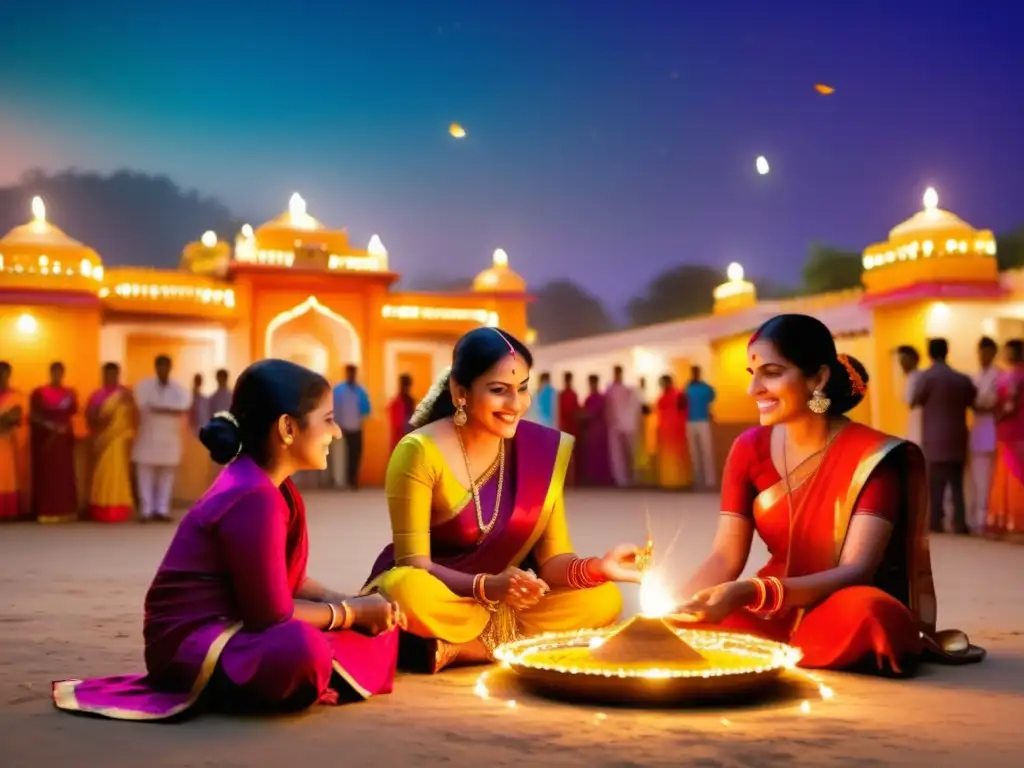 Imagen impactante de Diwali en India: Familia feliz en una aldea vibrante con luces decorativas y diyas, simbolizando amor y unidad