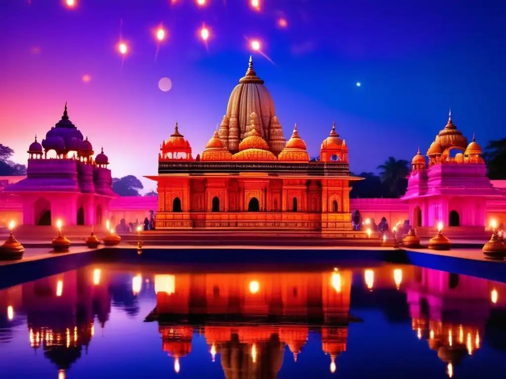 Festival de las Luces en India - Templo iluminado con lámparas de aceite, colores vibrantes y fusión intercultural