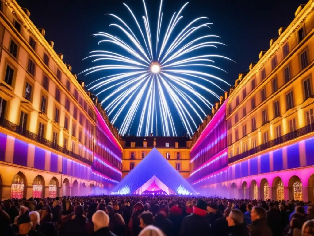 Fotografía nocturna de festival en Lyon, Francia: luces vibrantes, instalaciones coloridas y arquitectura histórica