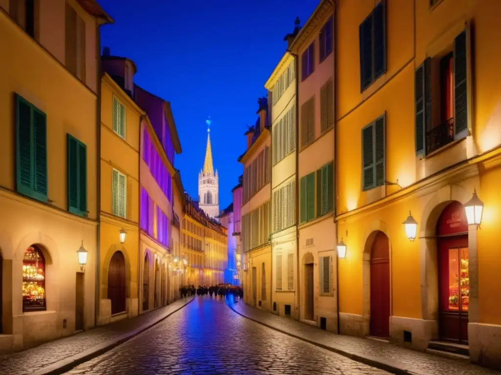 Festival de la Luz de Lyon: escena mágica de calles iluminadas con luces vibrantes, edificios históricos y lanternas flotantes