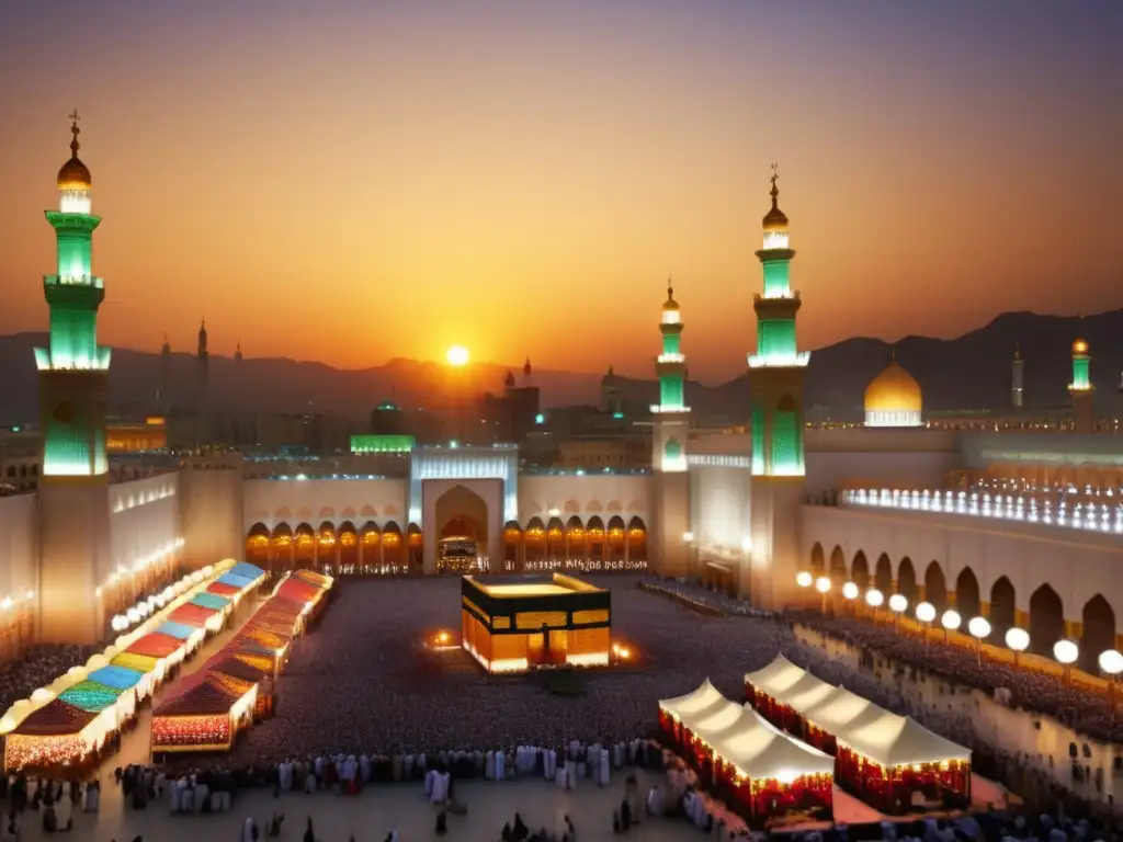 Festival de Luces en la Sagrada Ciudad de La Meca: Mercado animado, aromas exóticos y la majestuosa Mezquita alHaram iluminada en una atmósfera mágica