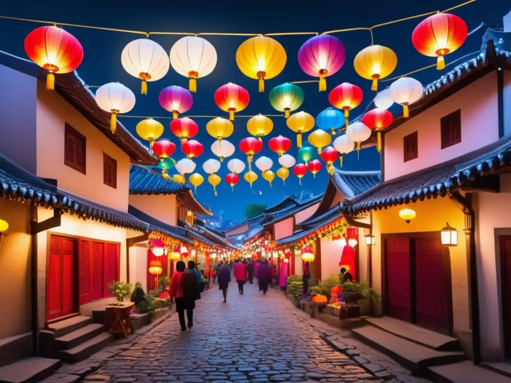 Escena nocturna en un pueblo tradicional durante un festival de luces - Festivales de luz tradicionales y vibrante comunidad