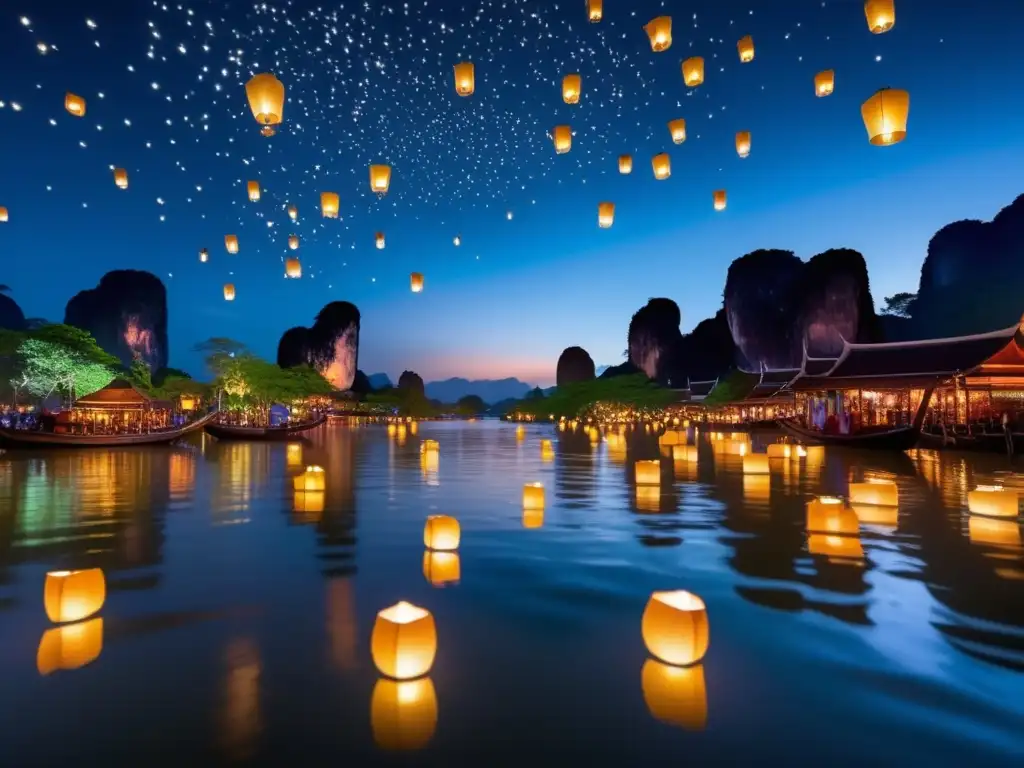 Festival luces flotantes Tailandia: escena mágica de lanternas vibrantes iluminando un río sereno bajo el cielo estrellado