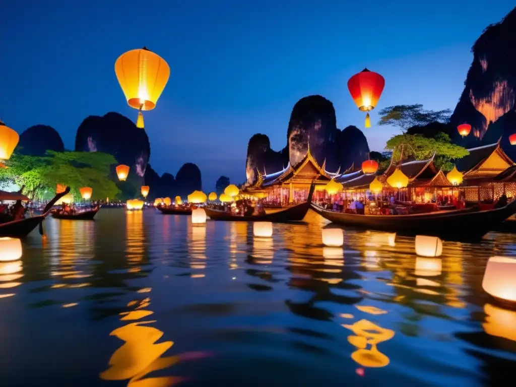 Festival luces flotantes Tailandia: Escena nocturna serena con cientos de linternas flotantes en un río iluminado, reflejando una atmósfera mágica