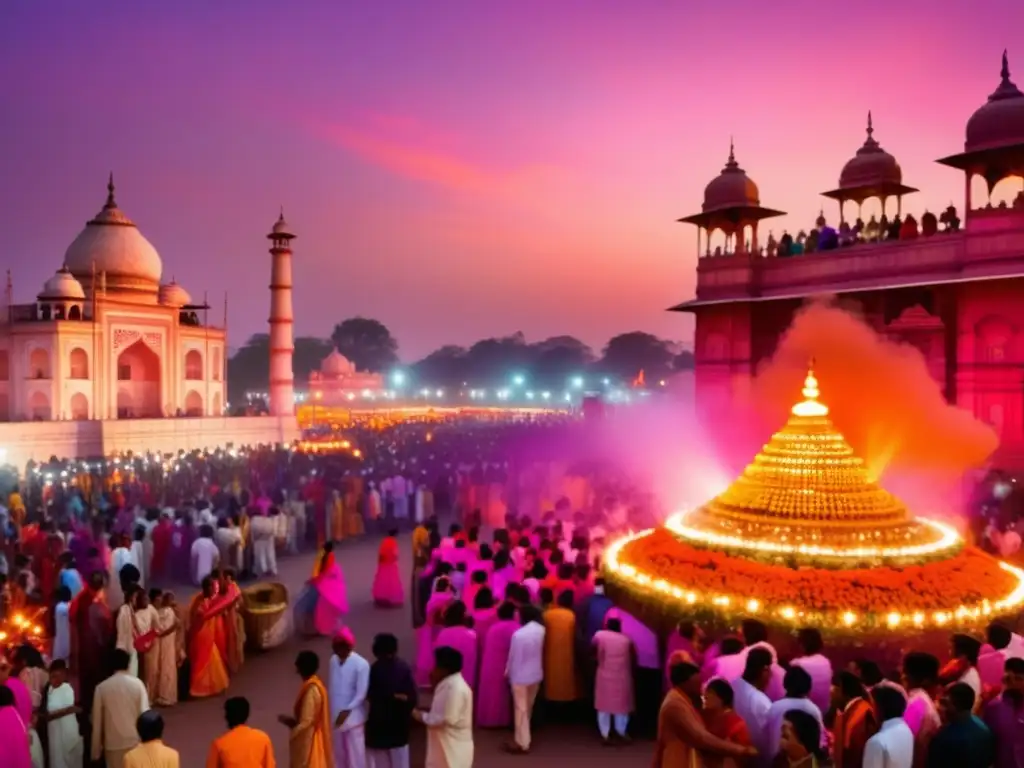 Festivales tradicionales sostenibles en India: una imagen etérea y fotorealista del Festival de las Luces, con colores vibrantes y energía cultural