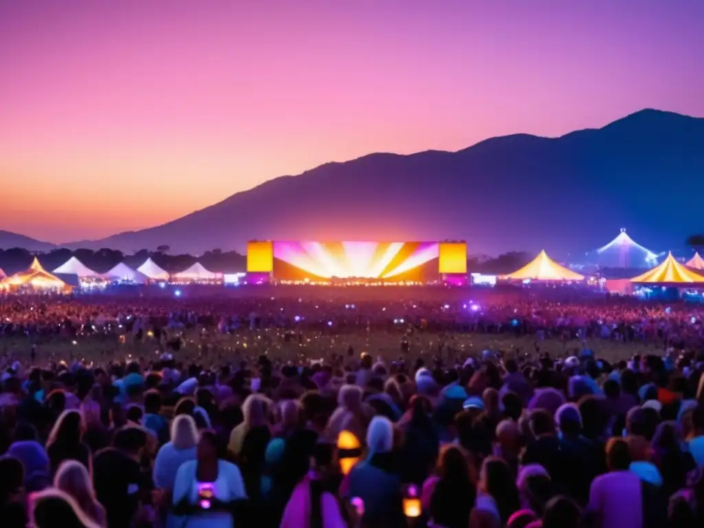 Festival iluminado por luces vibrantes en campo abierto, donde la fotografía móvil captura momentos únicos