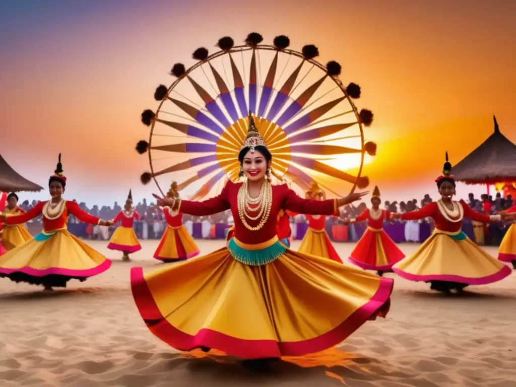 Guía fotográfica de festivales tradicionales: Euforia y belleza en un festival tradicional al atardecer, con luces vibrantes y trajes elaborados