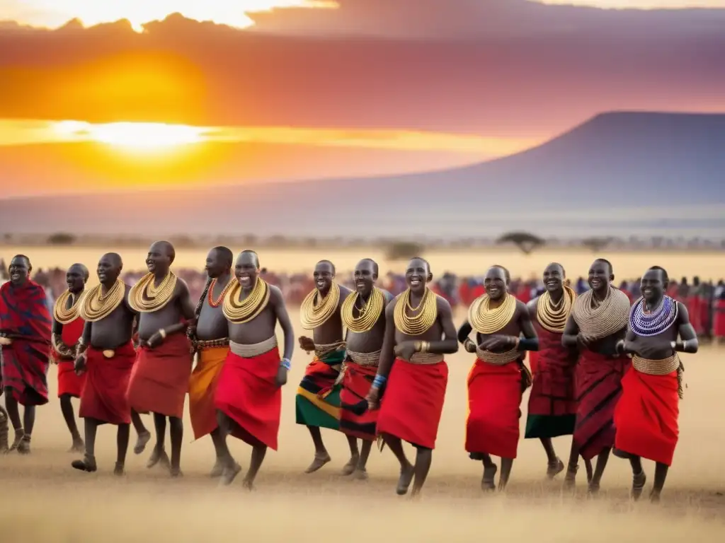 Indumentaria tradicional festivales africanos: Festival Masaai en Kenya, danzas y colores vibrantes en la sabana africana al atardecer