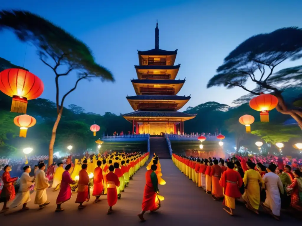 Festivales en Asia: imagen mágica de tradiciones, pagoda, máscaras, música y naturaleza