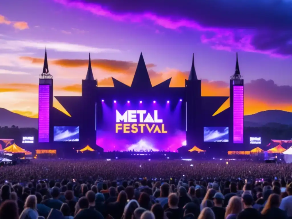 Festival metal mundial: escena mágica con colores vibrantes, fanáticos apasionados y poderosa música