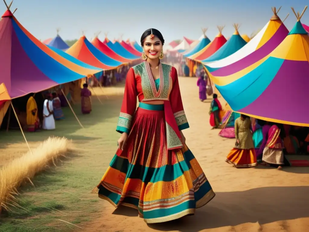 Moda Étnica Festivales Tradicionales, vibrante escena de diversidad cultural y alegría en un campo soleado con tiendas y banderas coloridas