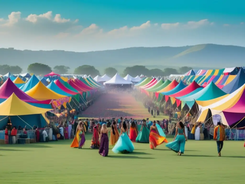 Tendencia upcycling en vestimenta festivales: Escena vibrante de un festival con música, alegría y moda