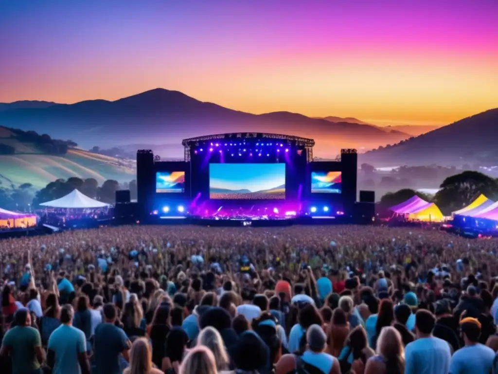 Historia y evolución de festivales musicales en una imagen impresionante de un festival al aire libre, rodeado de colinas y un atardecer vibrante