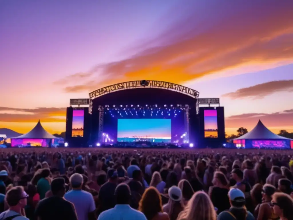 Importancia fotografía móvil en festivales: Euforia colectiva bajo atardecer mágico con música, amigos y smartphones