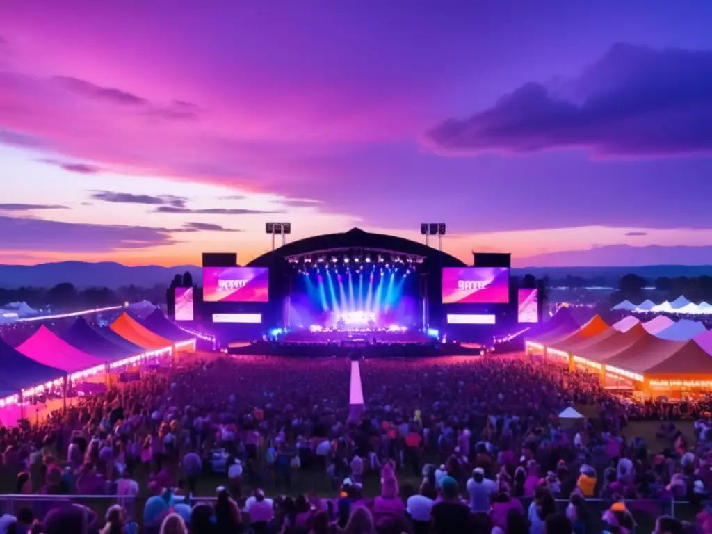 Escena vibrante de un festival de música al atardecer, con cielo dramático y multitudes emocionadas