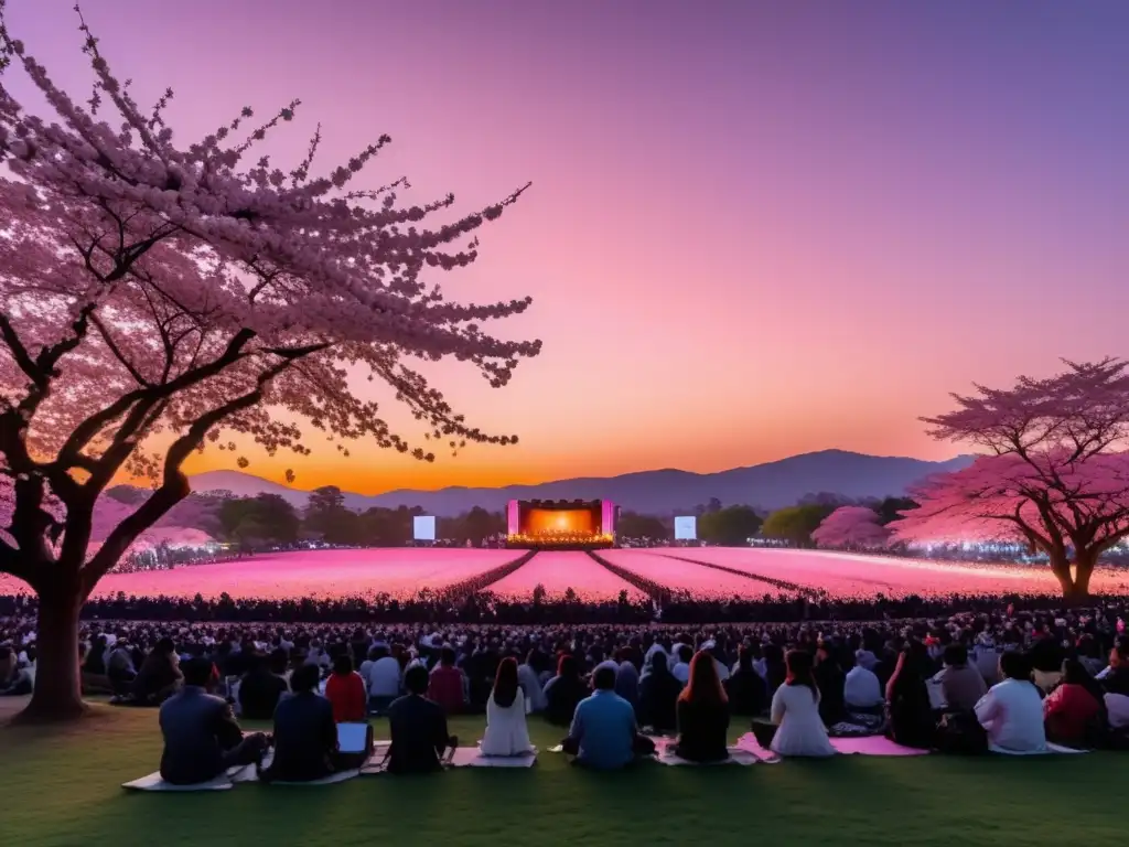 Influencia música moderna en festivales de primavera: campo abierto al atardecer, árboles de cerezo en flor, escenario con luces y multitud emocionada