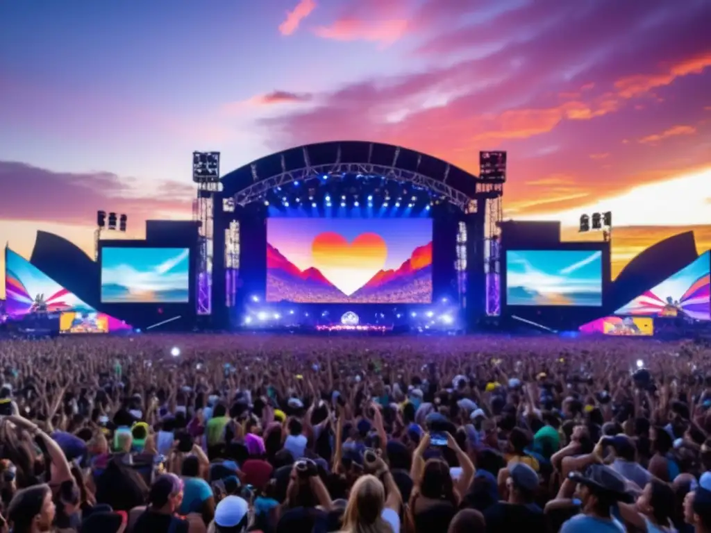 Festival de música en vivo: escenario vibrante, pantalla LED, multitud entusiasta, atmósfera mística, amigos capturando el momento