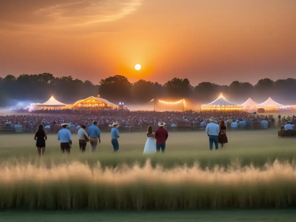 Escena mágica: festivales música country tradicionales, campo abierto, puesta de sol, música y comunidad convergen