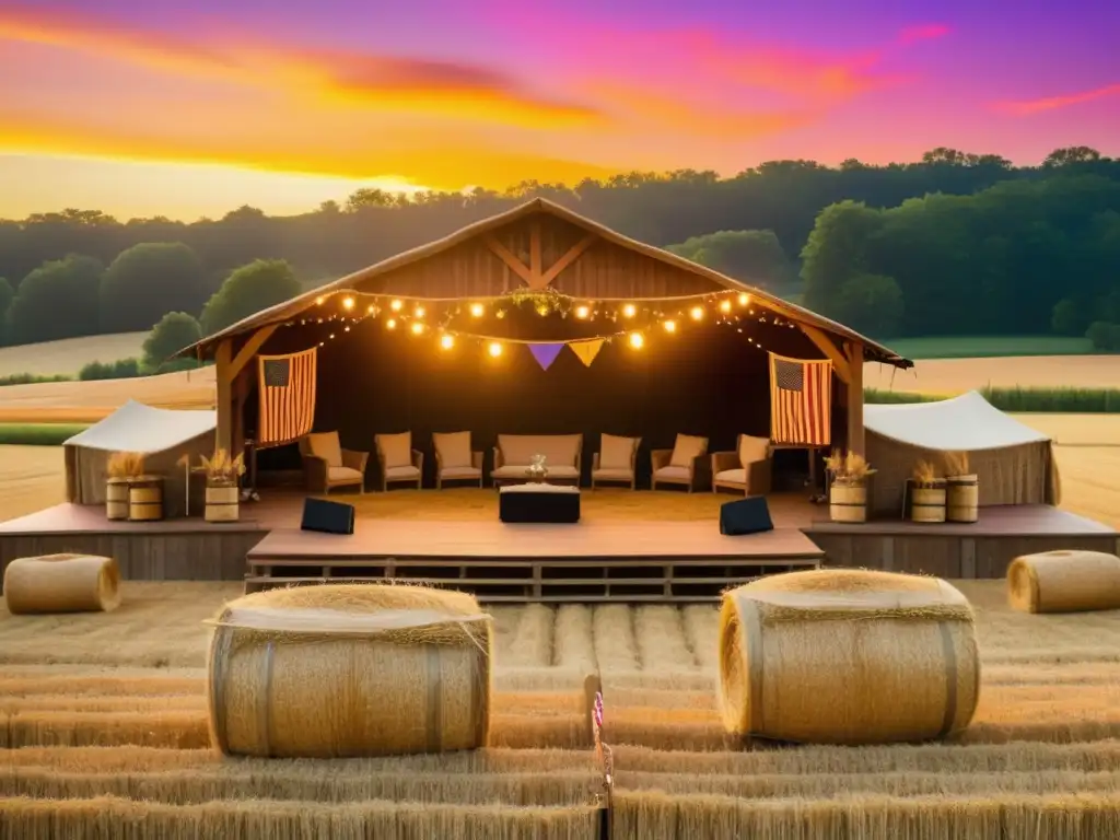 Imagen de festival de música country tradicional en campo con escenario de madera, hay bales y banderas coloridas