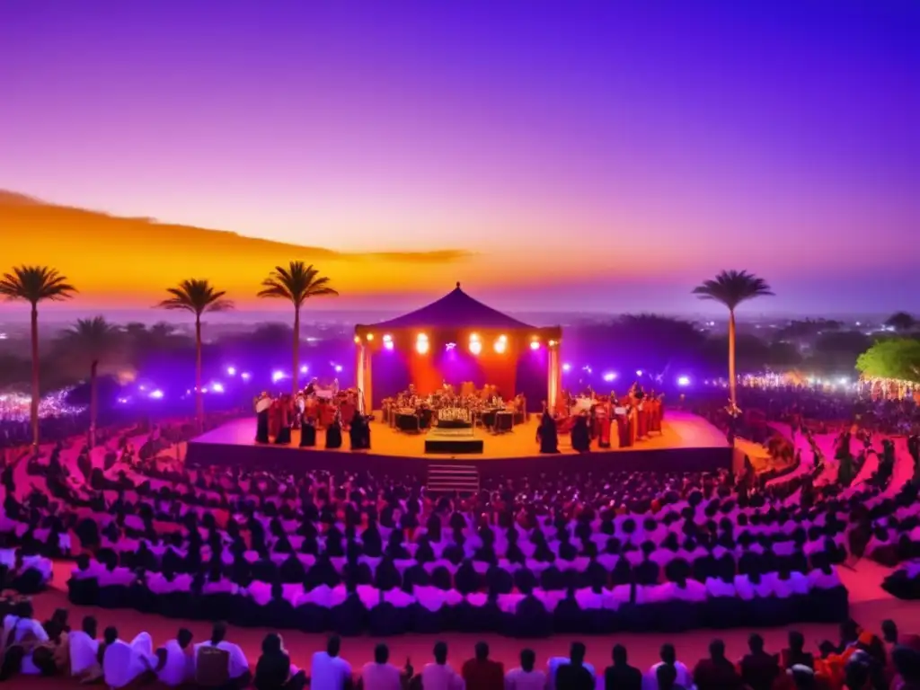 Festival música Fès África, escena mágica con músicos africanos y bailarines en vibrante escenario rodeado de naturaleza exuberante