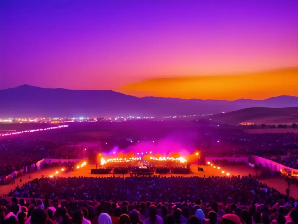 Festival de Música de Fès en África: Vibrante escena con música, luces y siluetas, uniendo culturas