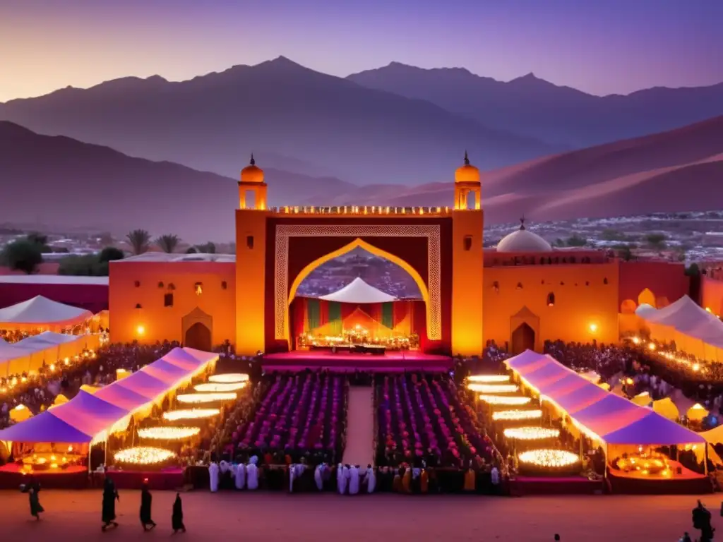 Festival de música Fès África: escena vibrante con la majestuosa cordillera del Atlas al atardecer y músicos africanos creando una sinfonía única