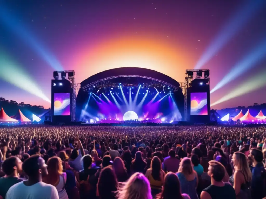 Tecnología en festivales de música: Escenario vibrante y etéreo con luces dinámicas, estrellas y multitud emocionada