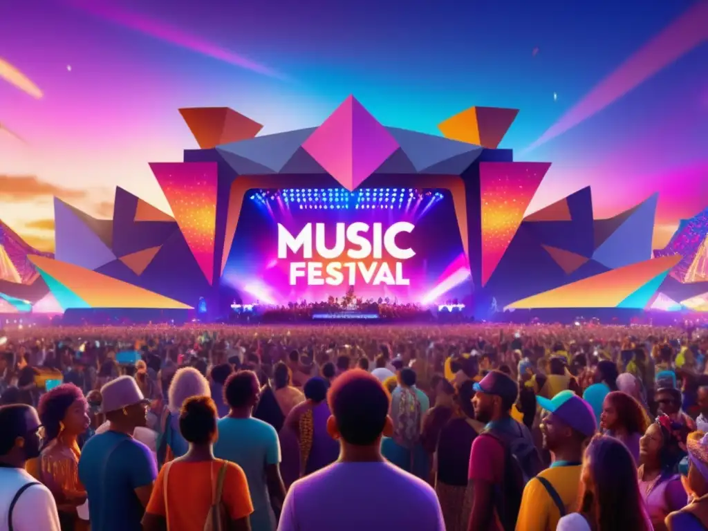 Tendencias futuras festivales música: Vibrante imagen de festival de música futurista al atardecer, con escenarios iluminados y multitud emocionada