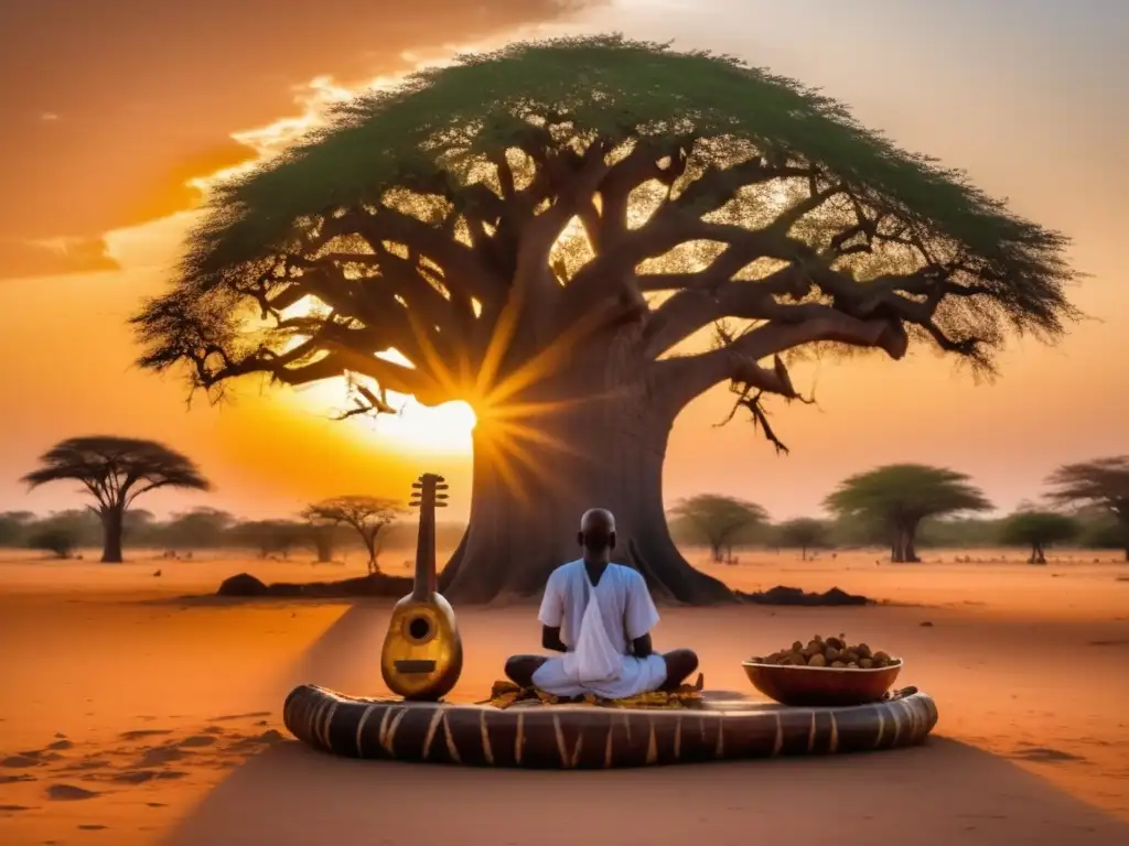 Festival música Kora Gambia: Atardecer dorado, músico africano con kora bajo baobab, conexión cultural y naturaleza