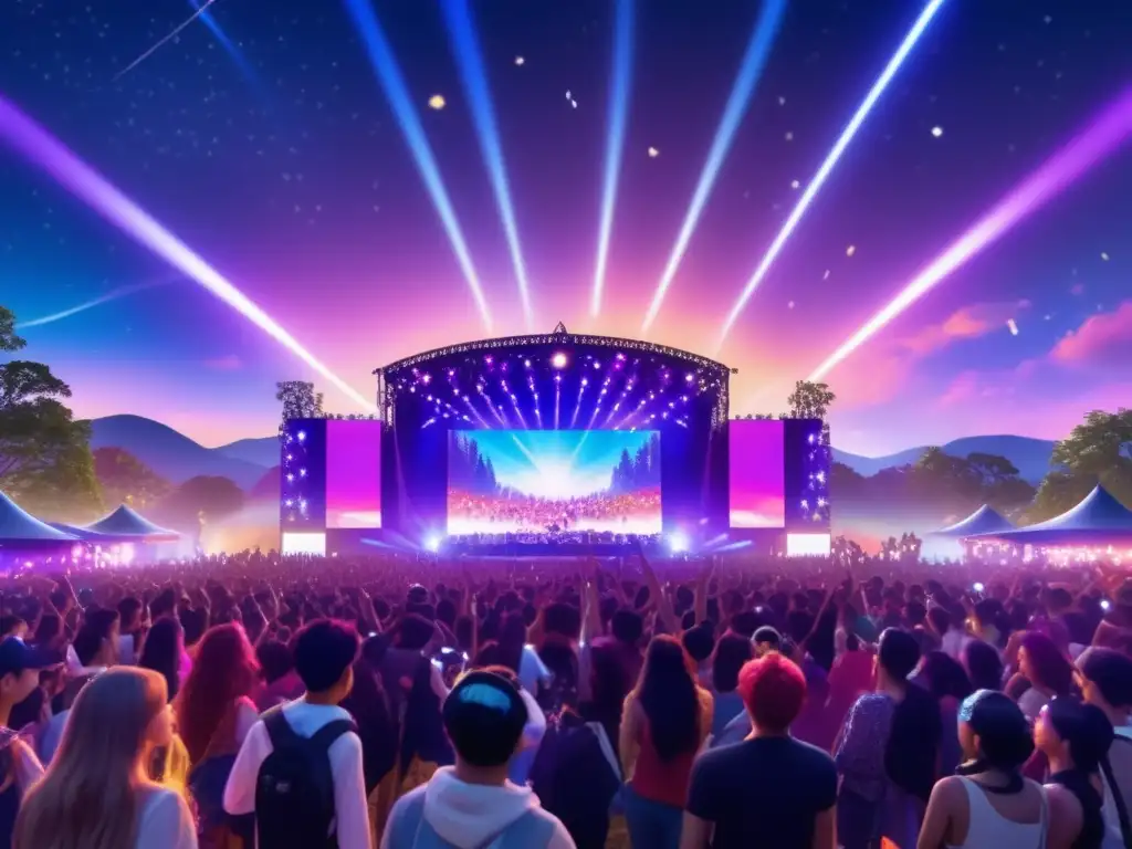 Impacto del Kpop en festivales: Escena etérea y vibrante de un festival de música con luces suaves y brillantes