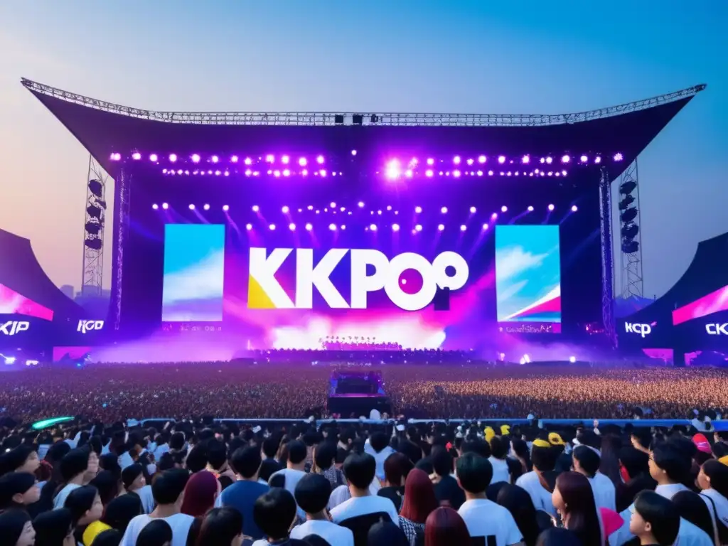 Impacto del Kpop en festivales: Escena vibrante de festival musical al aire libre, con miles de fans de diferentes culturas y fondos celebrando