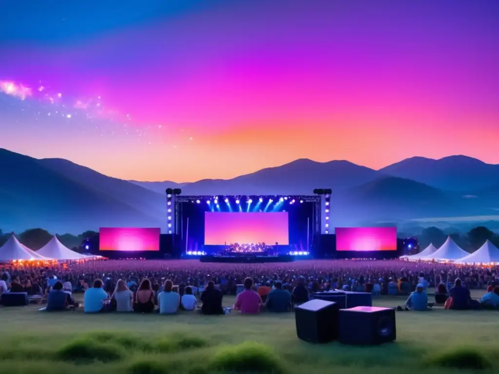 Festival de música, experiencia mágica en un campo rodeado de colinas verdes, luces vibrantes y multitudes eufóricas