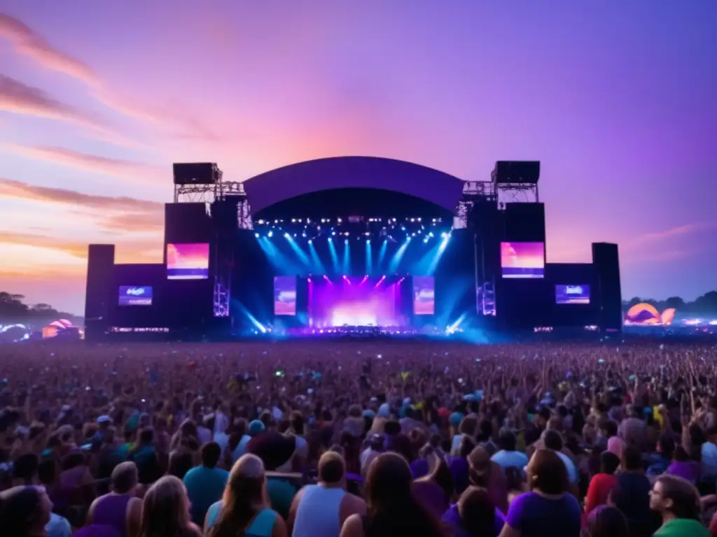 Historia y evolución de festivales musicales: imagen de un festival en todo su esplendor, con música, luces y una multitud emocionada