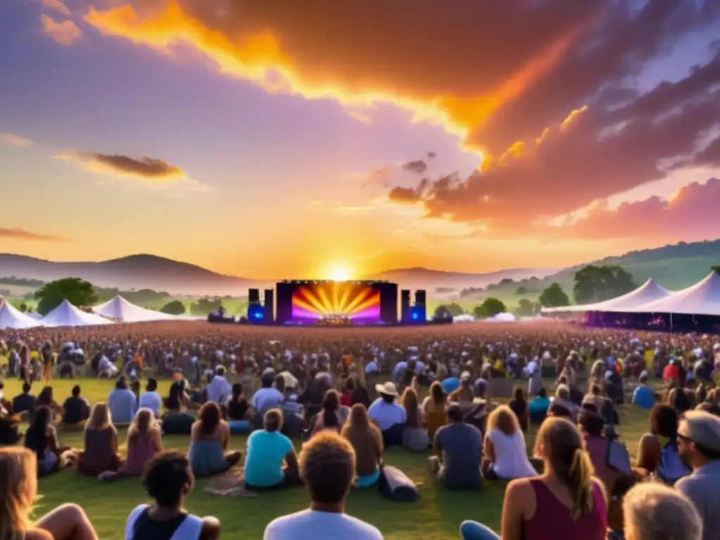 Festival de música como protesta en campo verde con atardecer y músico apasionado cautivando a multitud diversa