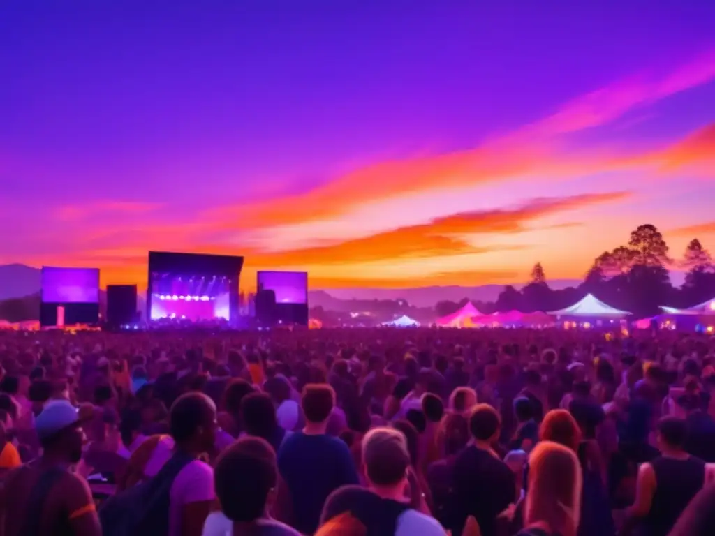 Escena vibrante de festival de música al atardecer con tecnología digital