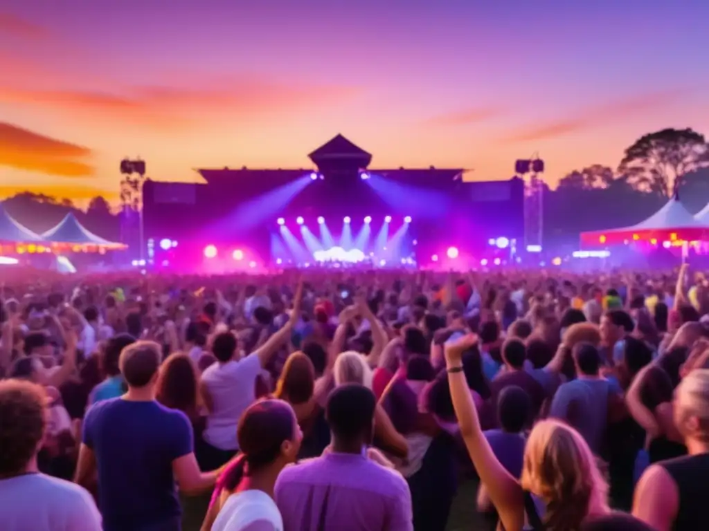 Festival de música vibrante y animado al atardecer, con luces de colores y una multitud diversa disfrutando del momento